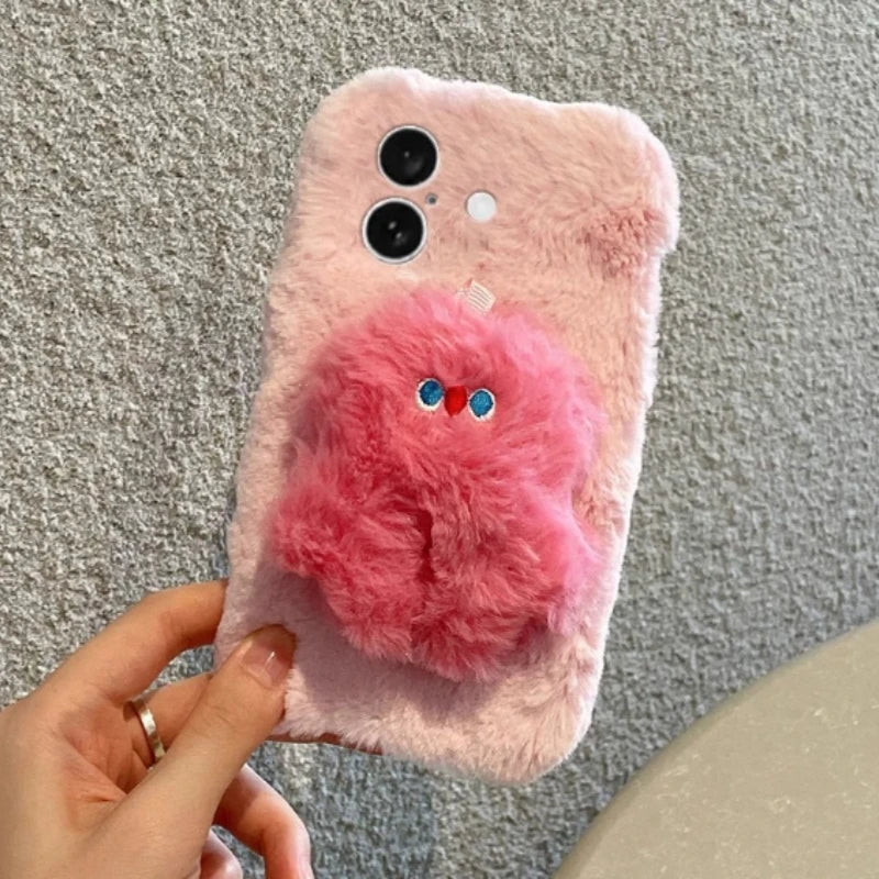 Cute Pink Plush Monster Phone Case for iPhone 11-16 Pro Max OPPO Reno 12 Samsung S23 Ultra, Soft Fuzzy Protective Cover