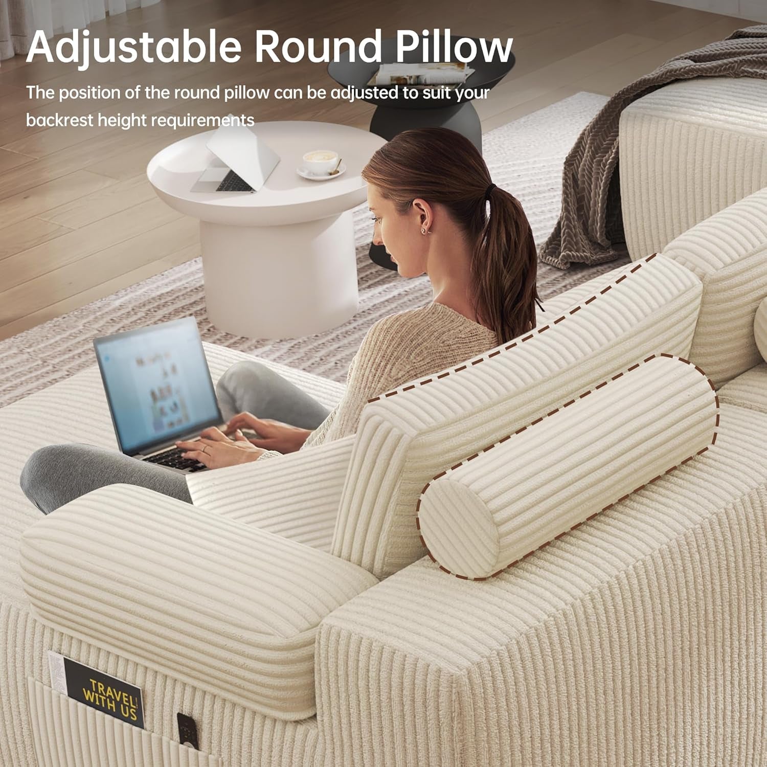 Cloud Sectional Couches, 126.2'' Modular U-Shaped Sofa with Deep Seat, Corduroy Boneless Sleeper Sofa Bed with Memory Foam for Living Room, No Assembly Required (Beige)
