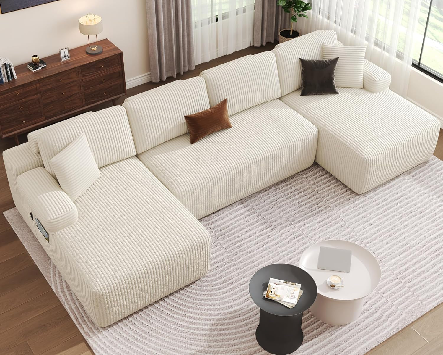 Cloud Sectional Couches, 126.2'' Modular U-Shaped Sofa with Deep Seat, Corduroy Boneless Sleeper Sofa Bed with Memory Foam for Living Room, No Assembly Required (Beige)