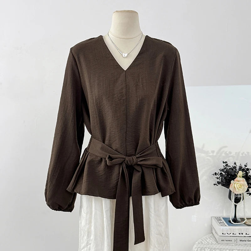 Korean-style Retro Casual Tops Fashionable V-neck Puff Sleeve Shirt For Women 2025 Autumn Waist-cinching Top With Tie Belt