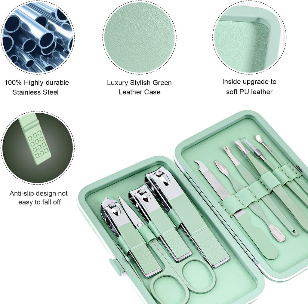 Manicure Set, Travel Mini Nail Clippers Kit Pedicure Care Tools, 10Pcs Stainless Steel Grooming Kit (Green)