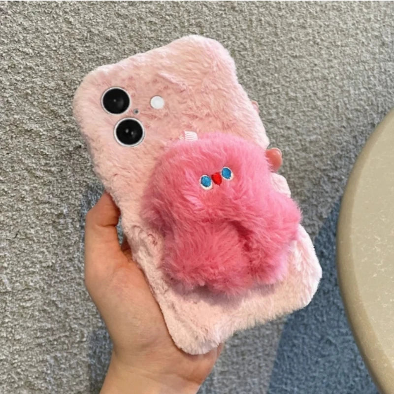 Cute Pink Plush Monster Phone Case for iPhone 11-16 Pro Max OPPO Reno 12 Samsung S23 Ultra, Soft Fuzzy Protective Cover