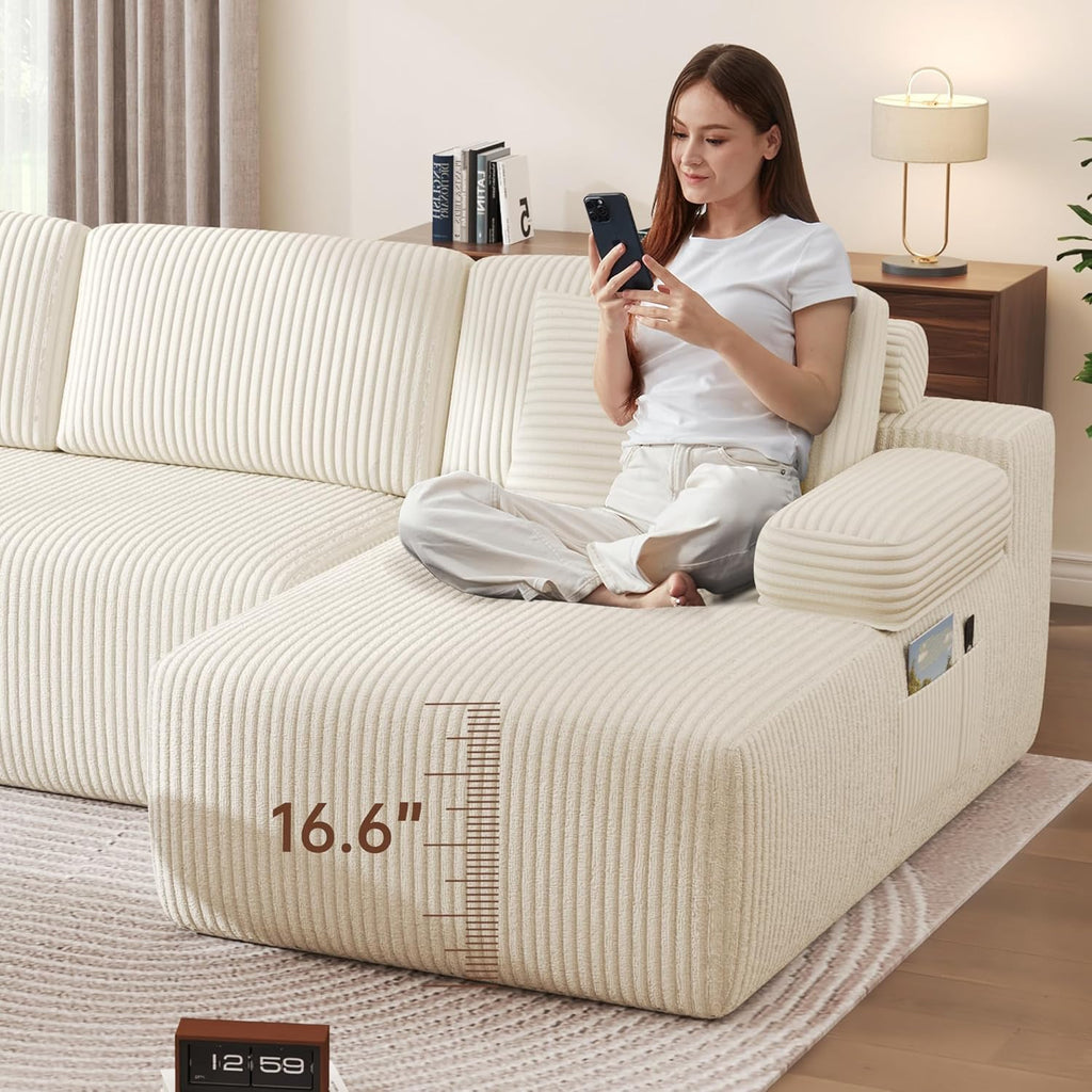 Cloud Sectional Couches, 126.2'' Modular U-Shaped Sofa with Deep Seat, Corduroy Boneless Sleeper Sofa Bed with Memory Foam for Living Room, No Assembly Required (Beige)