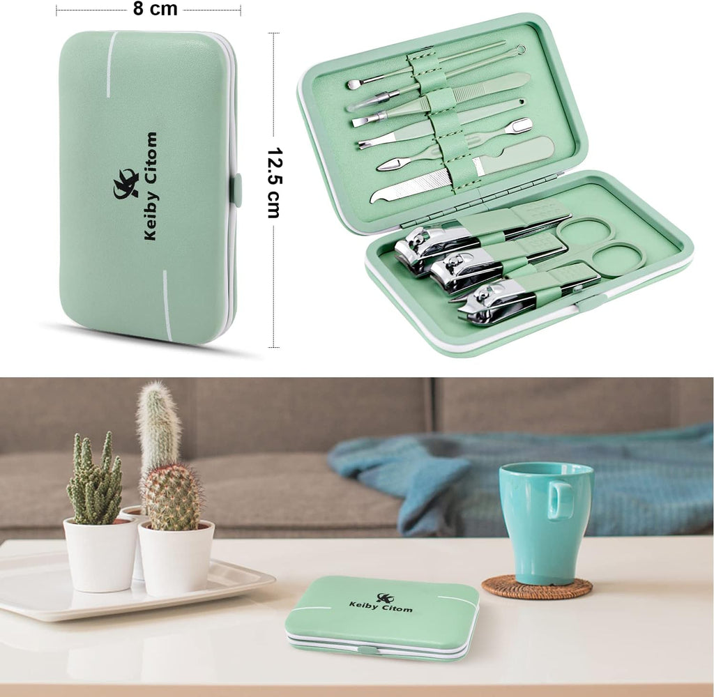 Manicure Set, Travel Mini Nail Clippers Kit Pedicure Care Tools, 10Pcs Stainless Steel Grooming Kit (Green)
