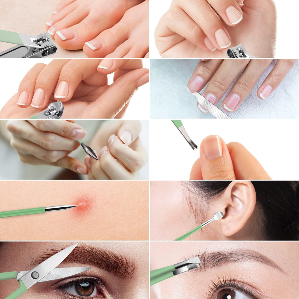 Manicure Set, Travel Mini Nail Clippers Kit Pedicure Care Tools, 10Pcs Stainless Steel Grooming Kit (Green)