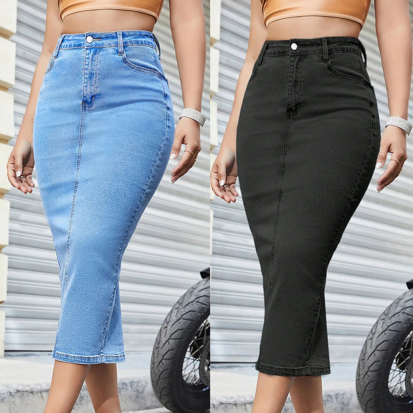 Ladies' Sexy Tight Wrap Hip Knees Length A-line Skirt Fashionable Casual Office Streetwear High Waist Denim Half Dress