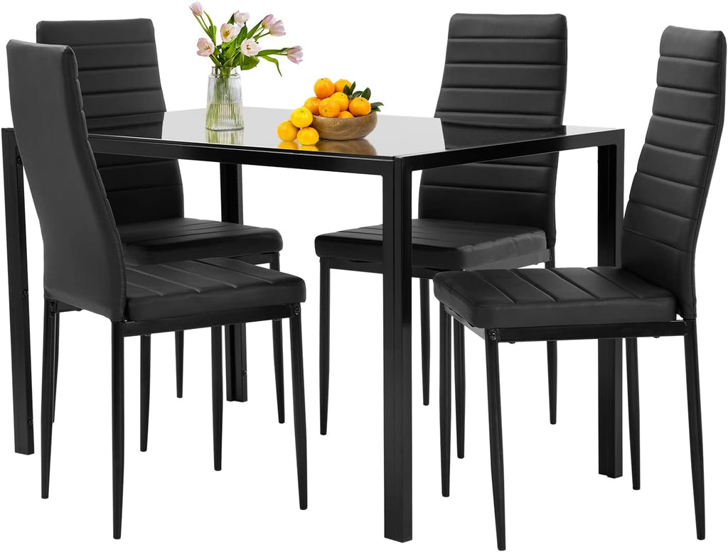 Dining Table Set Glass Dining Room Table Set for Small Spaces Kitchen Table and Chairs for 4 Table with Chairs Home Furniture Rectangular Modern (Black)