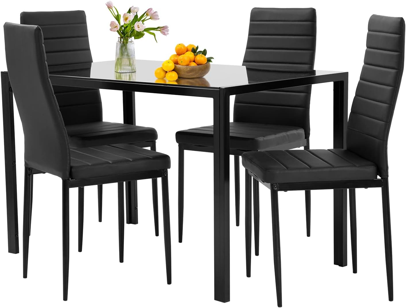 Dining Table Set Glass Dining Room Table Set for Small Spaces Kitchen Table and Chairs for 4 Table with Chairs Home Furniture Rectangular Modern (Black)