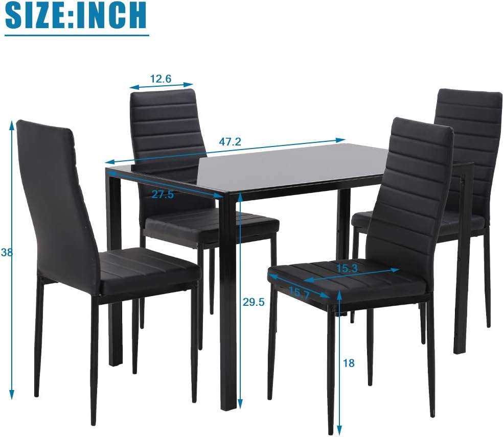 Dining Table Set Glass Dining Room Table Set for Small Spaces Kitchen Table and Chairs for 4 Table with Chairs Home Furniture Rectangular Modern (Black)