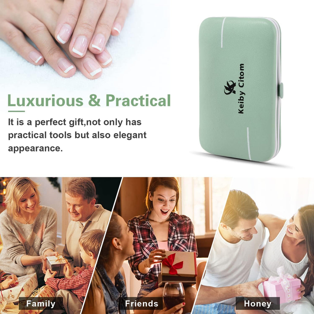 Manicure Set, Travel Mini Nail Clippers Kit Pedicure Care Tools, 10Pcs Stainless Steel Grooming Kit (Green)
