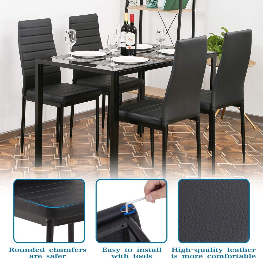 Dining Table Set Glass Dining Room Table Set for Small Spaces Kitchen Table and Chairs for 4 Table with Chairs Home Furniture Rectangular Modern (Black)