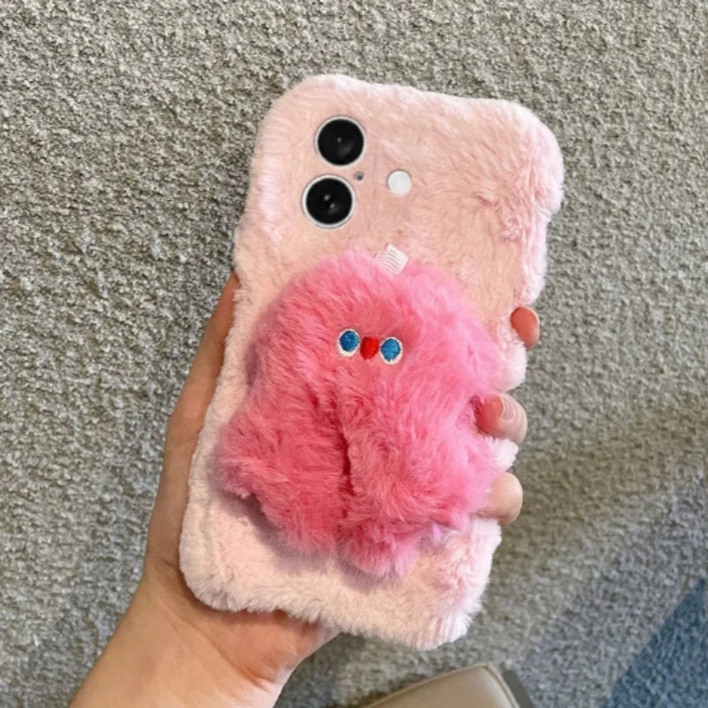 Cute Pink Plush Monster Phone Case for iPhone 11-16 Pro Max OPPO Reno 12 Samsung S23 Ultra, Soft Fuzzy Protective Cover
