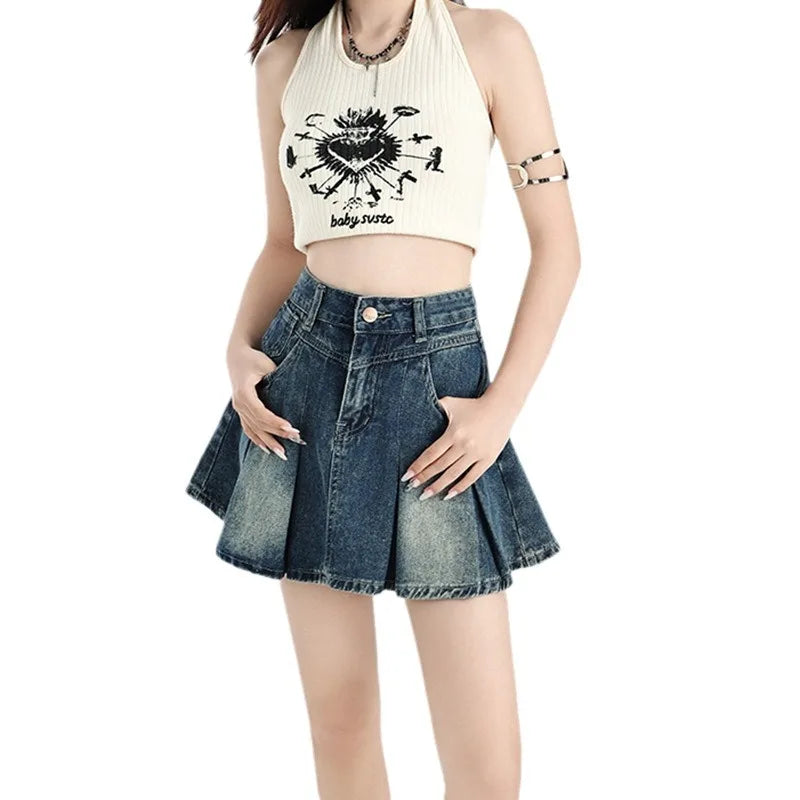The New Spring and Summer Fashion, Versatile Retro Denim Skirt, High-waisted,Slimming and Unique Denim Pleated Short Skirt Trend
