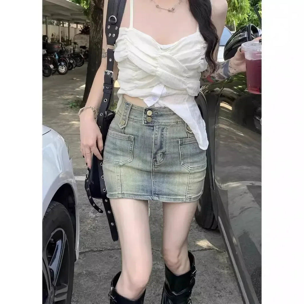 American Retro High-waisted Denim Half Body Skirt.Summer Fashion Hot Girl Outfits Ladies.Casual Hip Wrap A-line Mini Culottes
