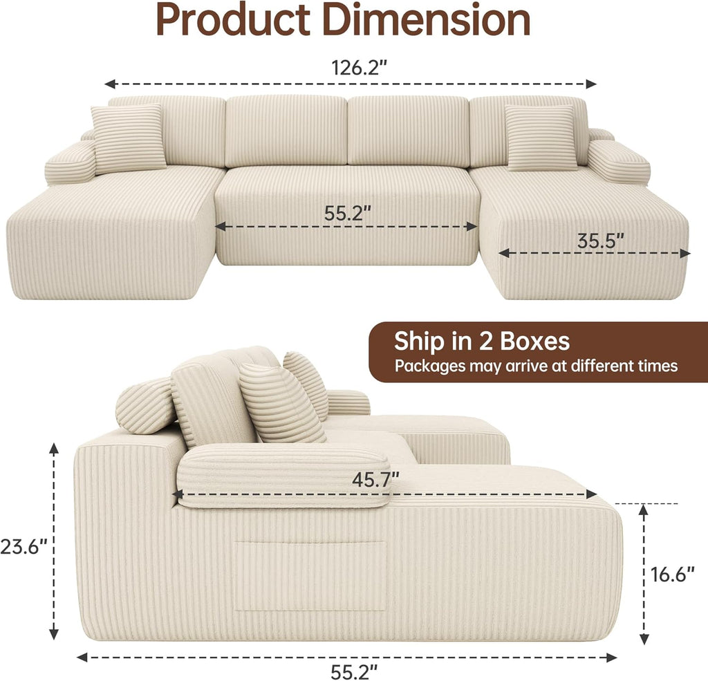 Cloud Sectional Couches, 126.2'' Modular U-Shaped Sofa with Deep Seat, Corduroy Boneless Sleeper Sofa Bed with Memory Foam for Living Room, No Assembly Required (Beige)