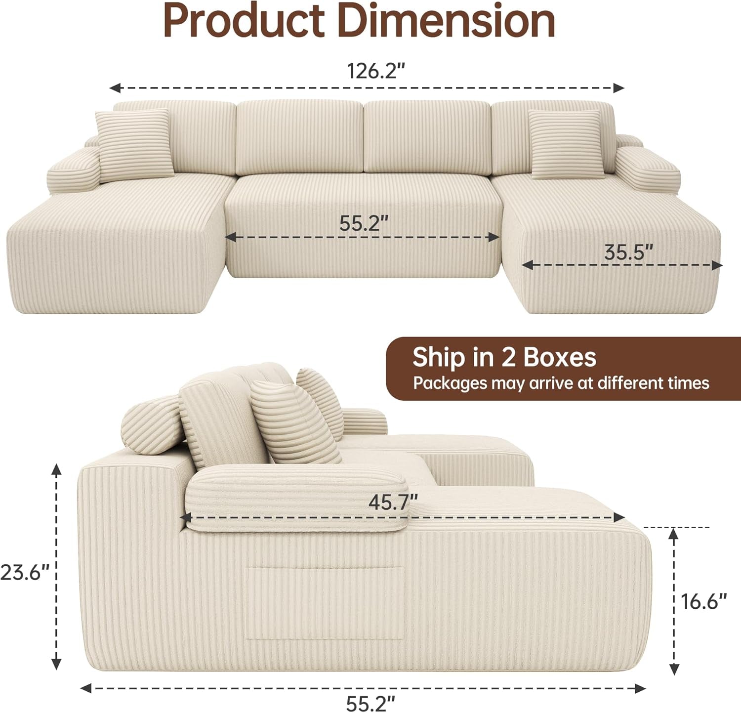 Cloud Sectional Couches, 126.2'' Modular U-Shaped Sofa with Deep Seat, Corduroy Boneless Sleeper Sofa Bed with Memory Foam for Living Room, No Assembly Required (Beige)