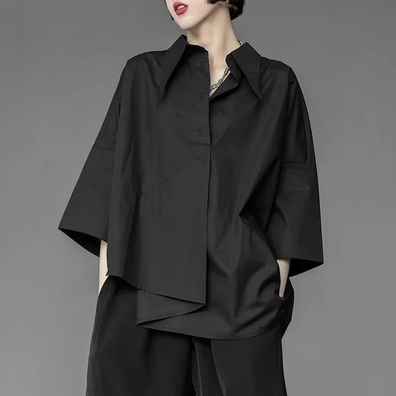 2025 New Plus Size Women Clothing Shirt Long Sleeve Female Blouse Irregular Hem Single breasted Solid Color Loose Shirt Top