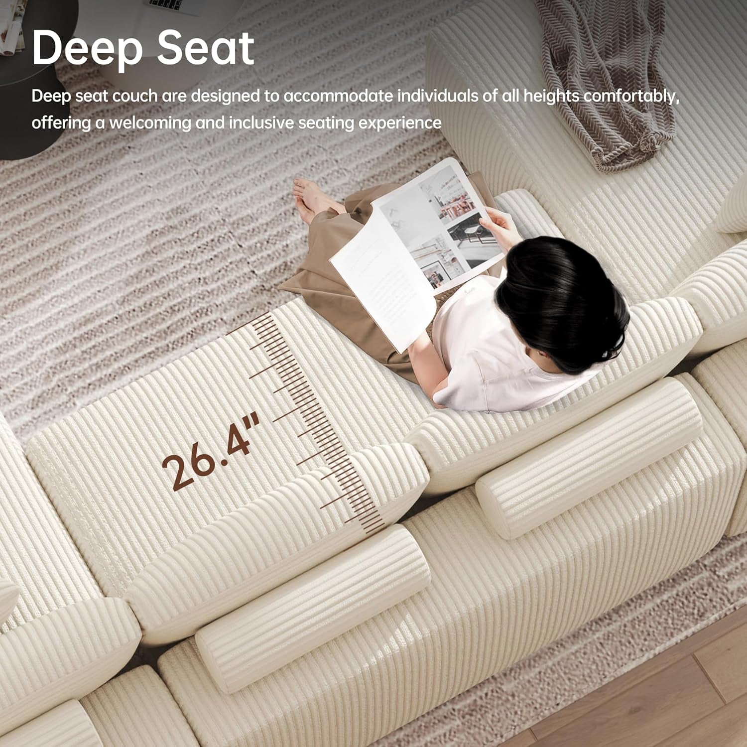 Cloud Sectional Couches, 126.2'' Modular U-Shaped Sofa with Deep Seat, Corduroy Boneless Sleeper Sofa Bed with Memory Foam for Living Room, No Assembly Required (Beige)