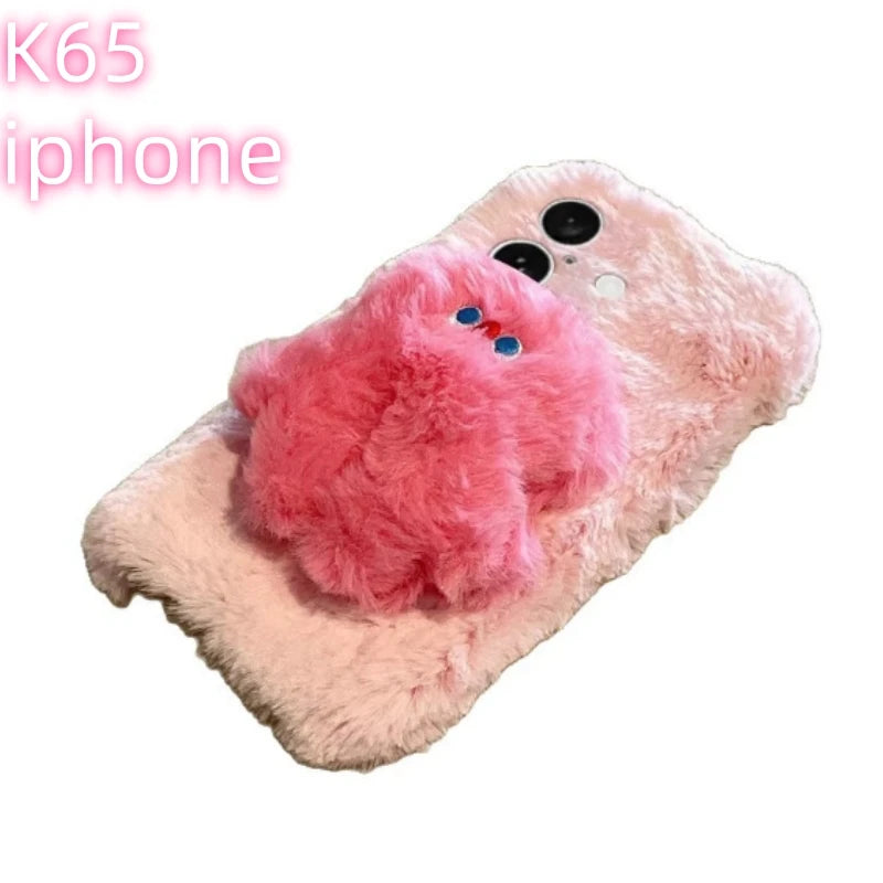 Cute Pink Plush Monster Phone Case for iPhone 11-16 Pro Max OPPO Reno 12 Samsung S23 Ultra, Soft Fuzzy Protective Cover