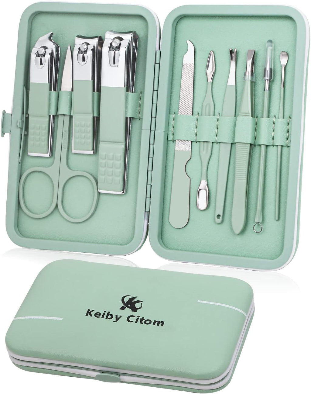 Manicure Set, Travel Mini Nail Clippers Kit Pedicure Care Tools, 10Pcs Stainless Steel Grooming Kit (Green)
