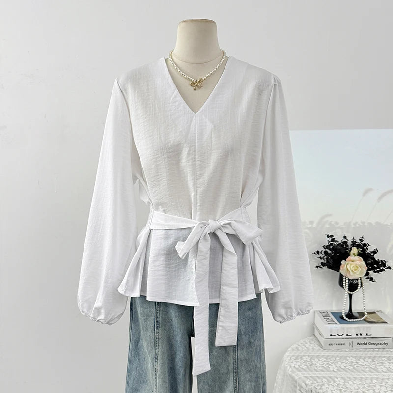 Korean-style Retro Casual Tops Fashionable V-neck Puff Sleeve Shirt For Women 2025 Autumn Waist-cinching Top With Tie Belt