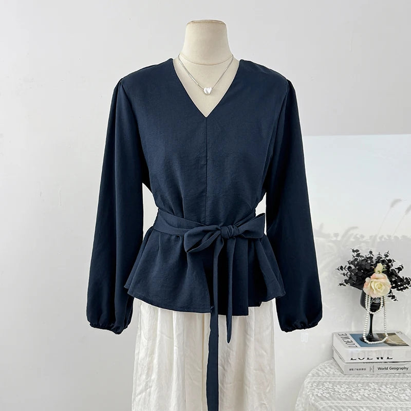 Korean-style Retro Casual Tops Fashionable V-neck Puff Sleeve Shirt For Women 2025 Autumn Waist-cinching Top With Tie Belt