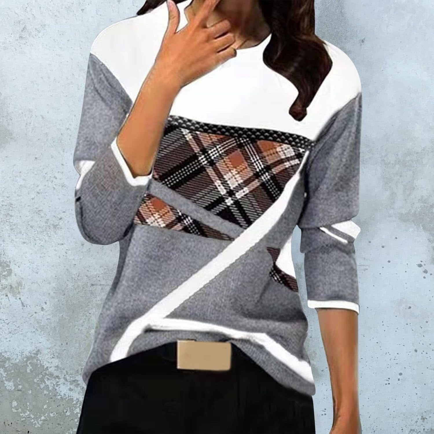 Womens Tops Long Sleeve T Shirts 2022 Fashion Color Block Casual Crew Neck Tee Pullover Soft Comfy T-Shirt Blouses
