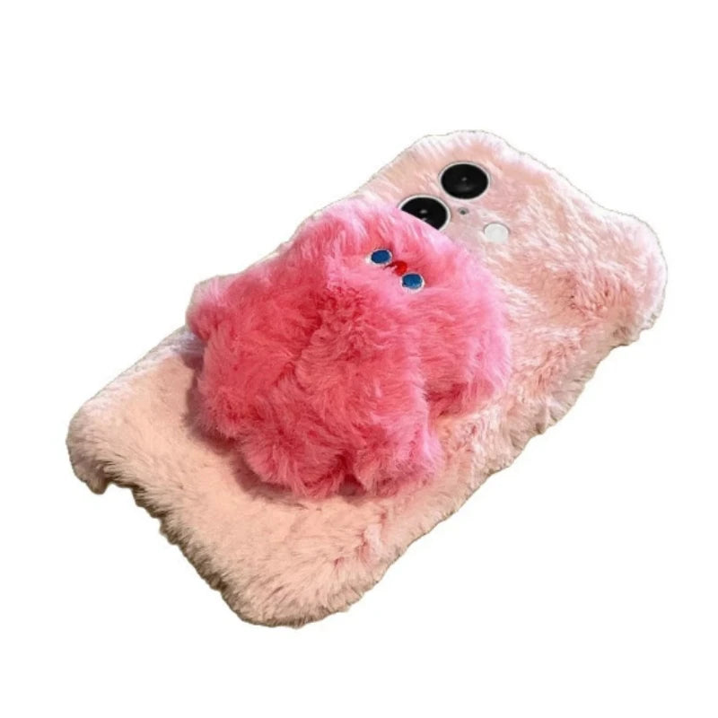 Cute Pink Plush Monster Phone Case for iPhone 11-16 Pro Max OPPO Reno 12 Samsung S23 Ultra, Soft Fuzzy Protective Cover