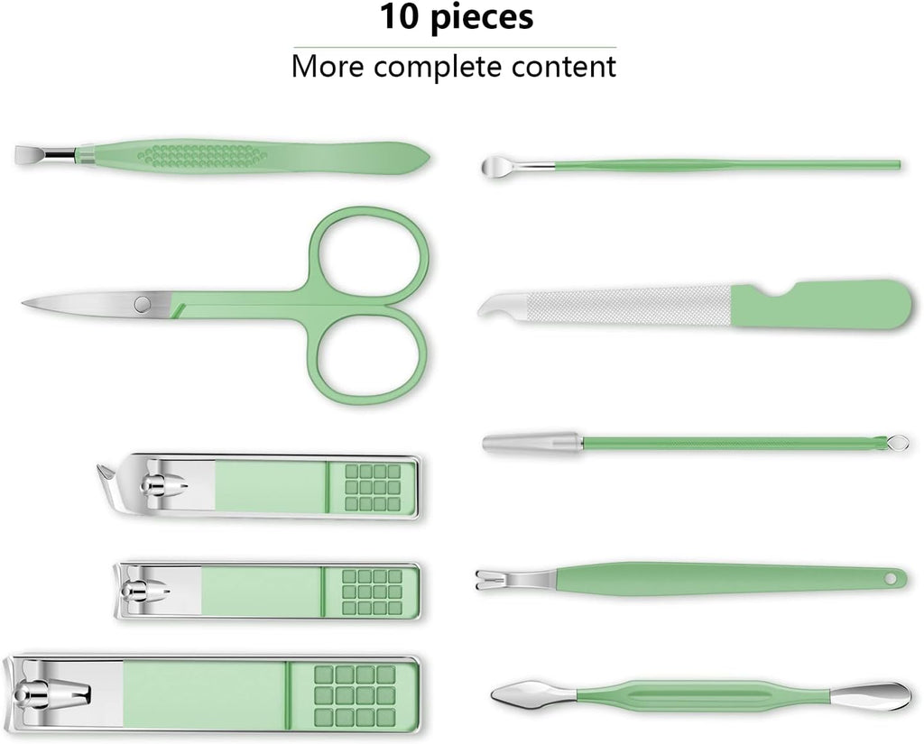Manicure Set, Travel Mini Nail Clippers Kit Pedicure Care Tools, 10Pcs Stainless Steel Grooming Kit (Green)