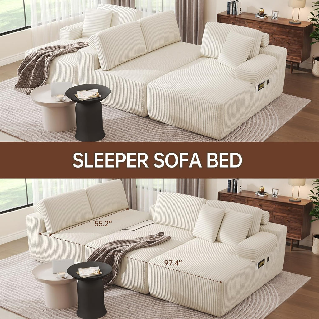 Cloud Sectional Couches, 126.2'' Modular U-Shaped Sofa with Deep Seat, Corduroy Boneless Sleeper Sofa Bed with Memory Foam for Living Room, No Assembly Required (Beige)