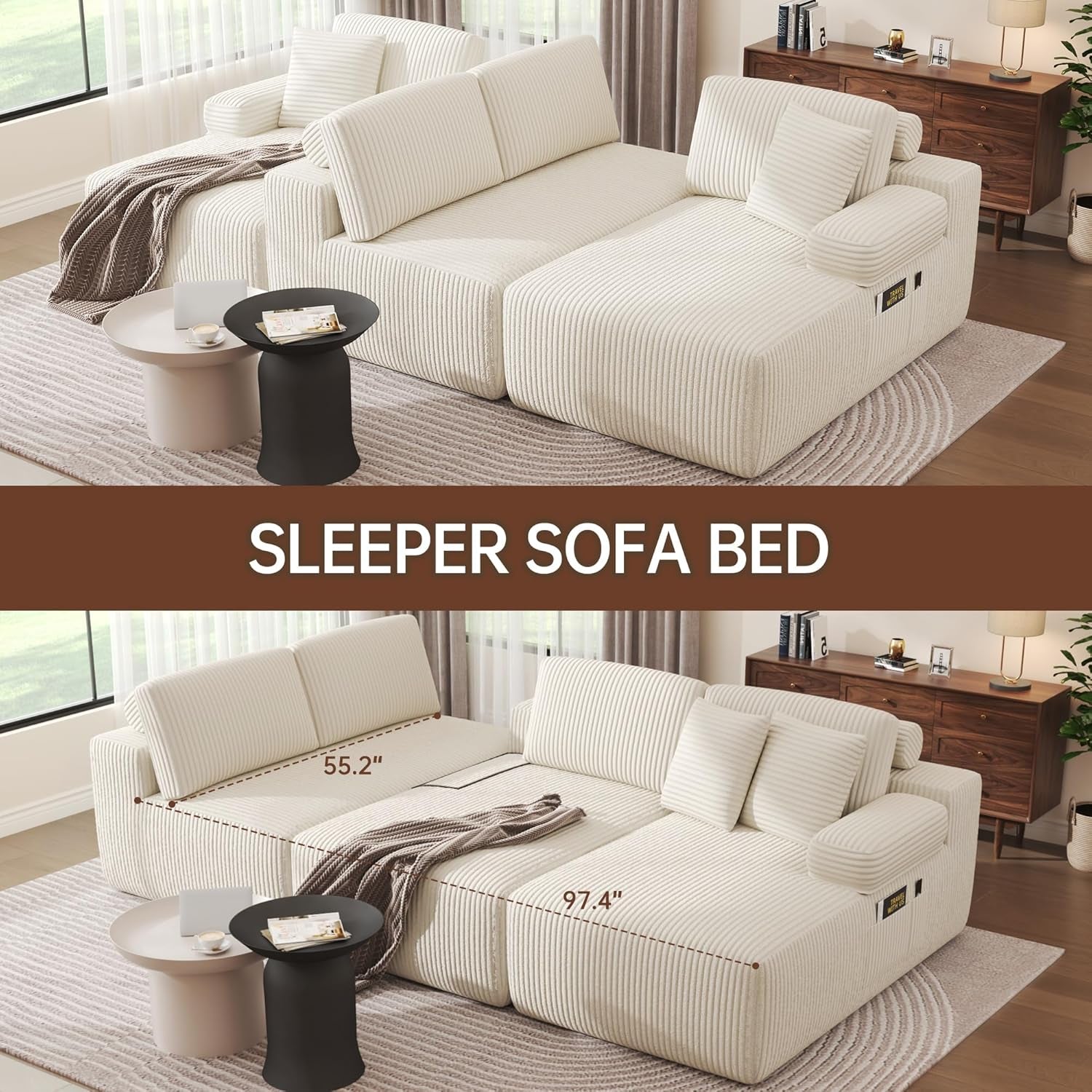 Cloud Sectional Couches, 126.2'' Modular U-Shaped Sofa with Deep Seat, Corduroy Boneless Sleeper Sofa Bed with Memory Foam for Living Room, No Assembly Required (Beige)