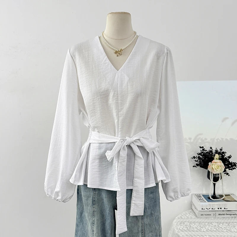 Korean-style Retro Casual Tops Fashionable V-neck Puff Sleeve Shirt For Women 2025 Autumn Waist-cinching Top With Tie Belt