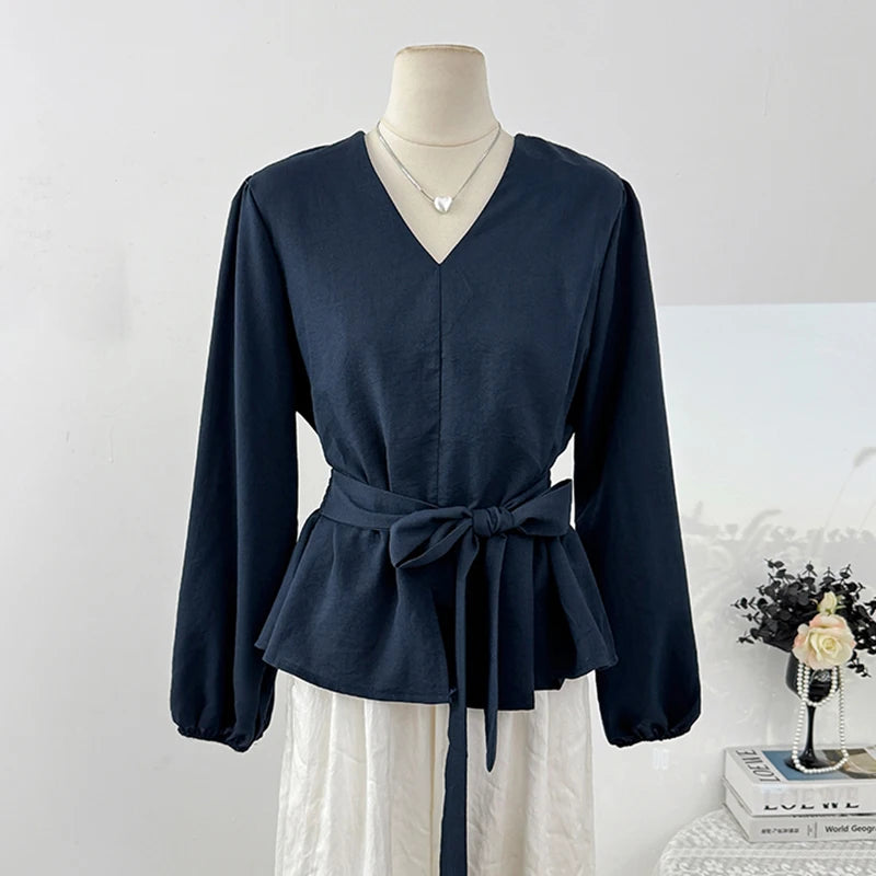Korean-style Retro Casual Tops Fashionable V-neck Puff Sleeve Shirt For Women 2025 Autumn Waist-cinching Top With Tie Belt