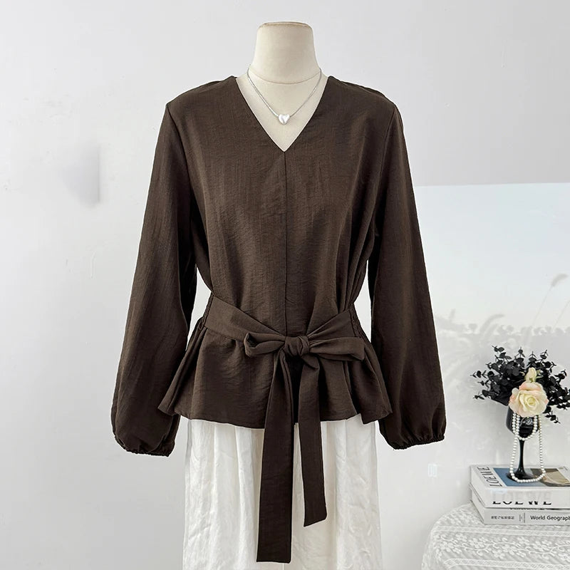 Korean-style Retro Casual Tops Fashionable V-neck Puff Sleeve Shirt For Women 2025 Autumn Waist-cinching Top With Tie Belt