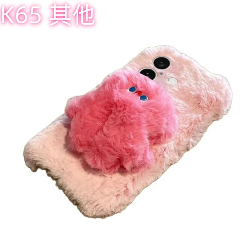 Cute Pink Plush Monster Phone Case for iPhone 11-16 Pro Max OPPO Reno 12 Samsung S23 Ultra, Soft Fuzzy Protective Cover