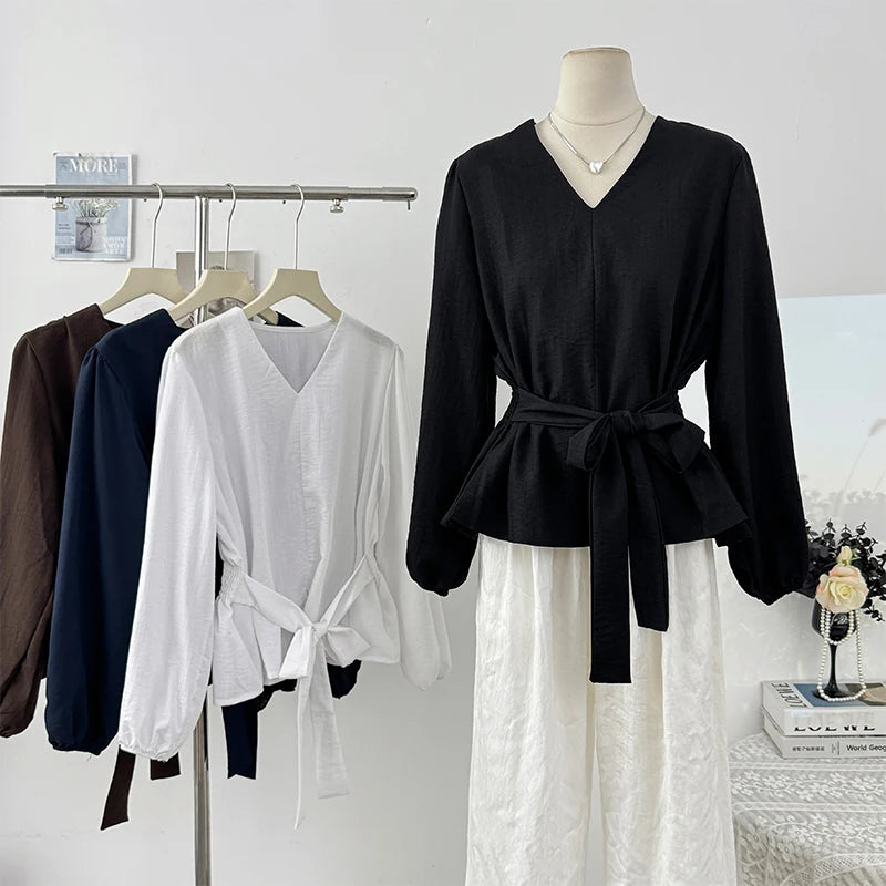 Korean-style Retro Casual Tops Fashionable V-neck Puff Sleeve Shirt For Women 2025 Autumn Waist-cinching Top With Tie Belt