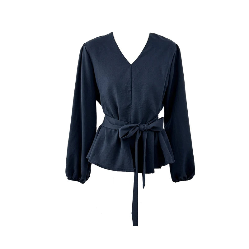 Korean-style Retro Casual Tops Fashionable V-neck Puff Sleeve Shirt For Women 2025 Autumn Waist-cinching Top With Tie Belt
