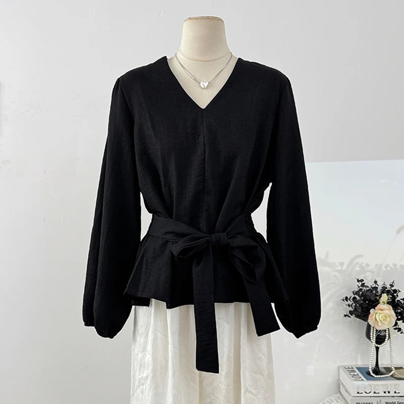 Korean-style Retro Casual Tops Fashionable V-neck Puff Sleeve Shirt For Women 2025 Autumn Waist-cinching Top With Tie Belt