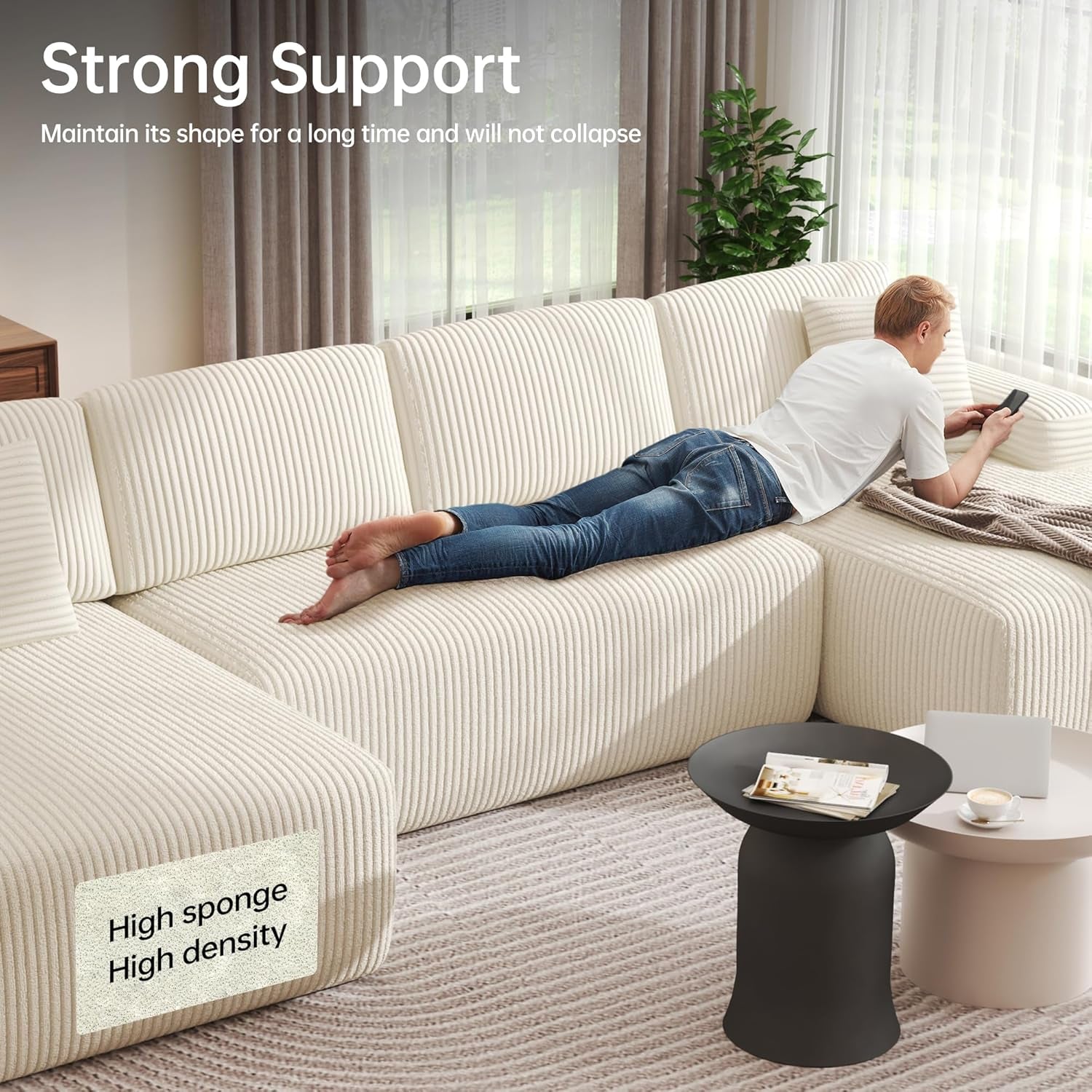 Cloud Sectional Couches, 126.2'' Modular U-Shaped Sofa with Deep Seat, Corduroy Boneless Sleeper Sofa Bed with Memory Foam for Living Room, No Assembly Required (Beige)